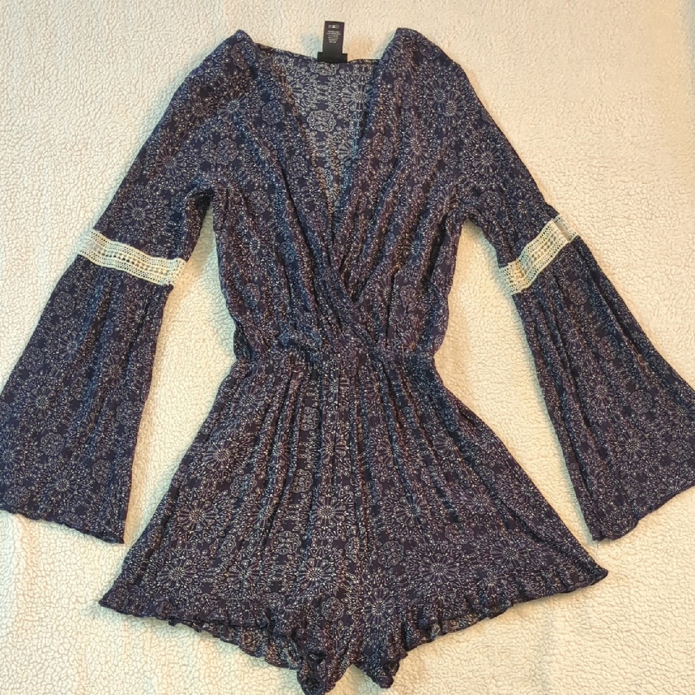 Navy Floral Bell Sleeve Deep V Romper